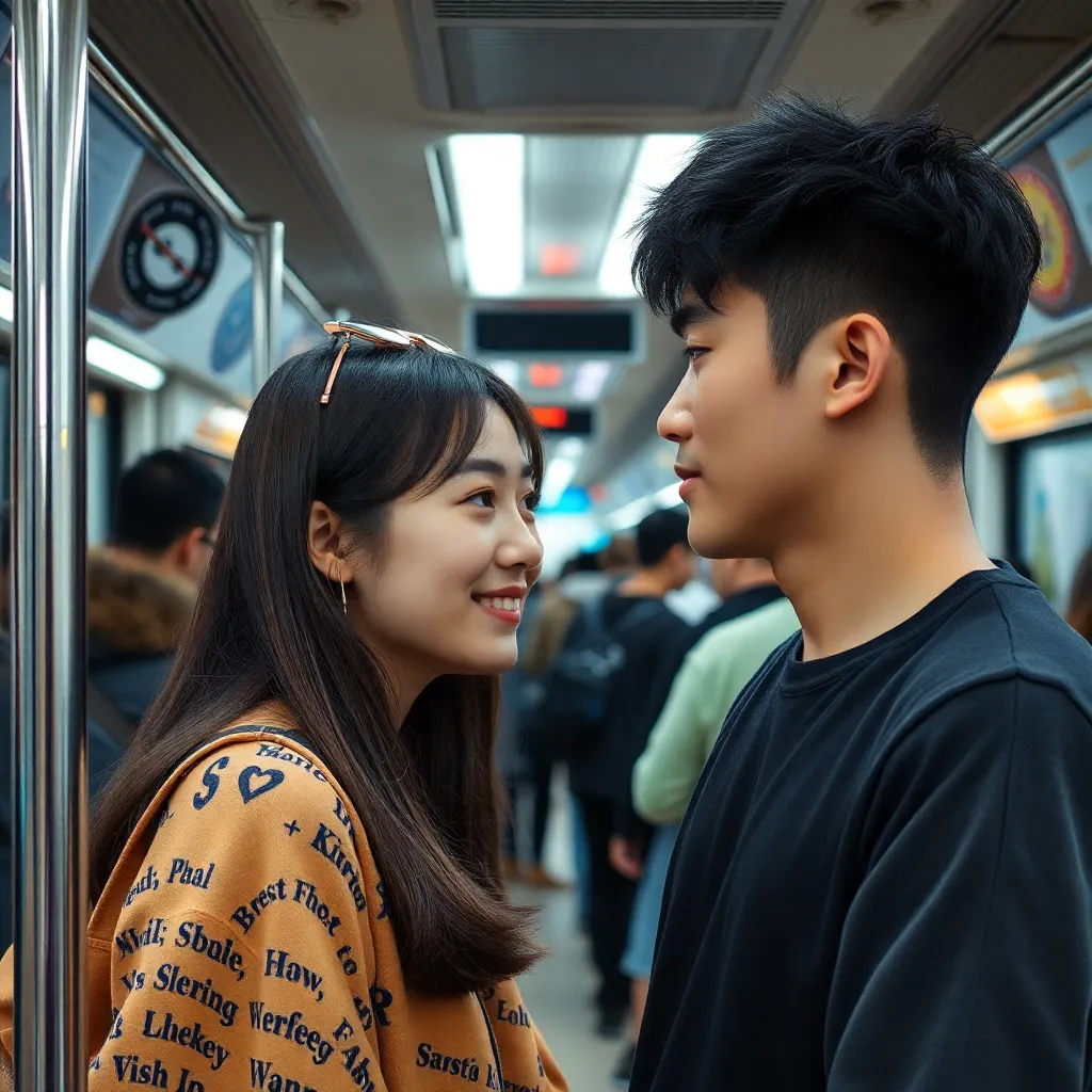 한국 지하철 안, 사람들로 매우 붐비는 배경 속에 잘생긴 남자와 밀착되어 마주한 여대생, 여름 나시 탑을 입고 수줍고 어쩔 줄 몰라 하는 표정, 실사 스타일