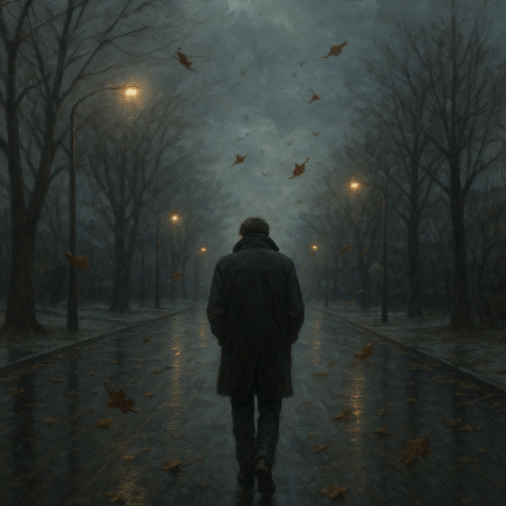 A lonely person walking down a quiet street in winter, their coat collar raised against a cold wind. Dim street lights cast a soft glow on wet pavement. Brown leaves swirl in the wind, remnants of autumn. The sky is cloudy, heavy with unfallen snow. A fee