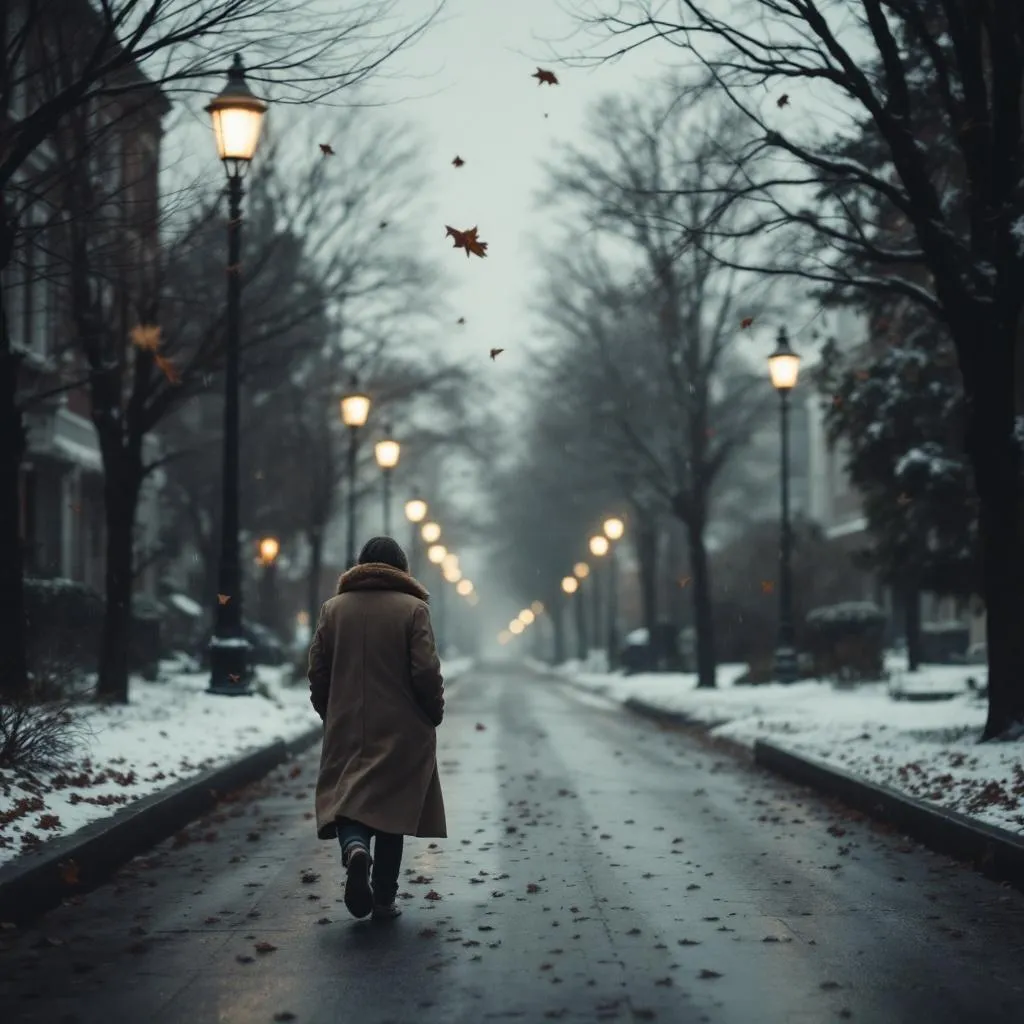 A lonely person walking down a quiet street in winter, their coat collar raised against a cold wind. Dim street lights cast a soft glow on wet pavement. Brown leaves swirl in the wind, remnants of autumn. The sky is cloudy, heavy with unfallen snow. A fee