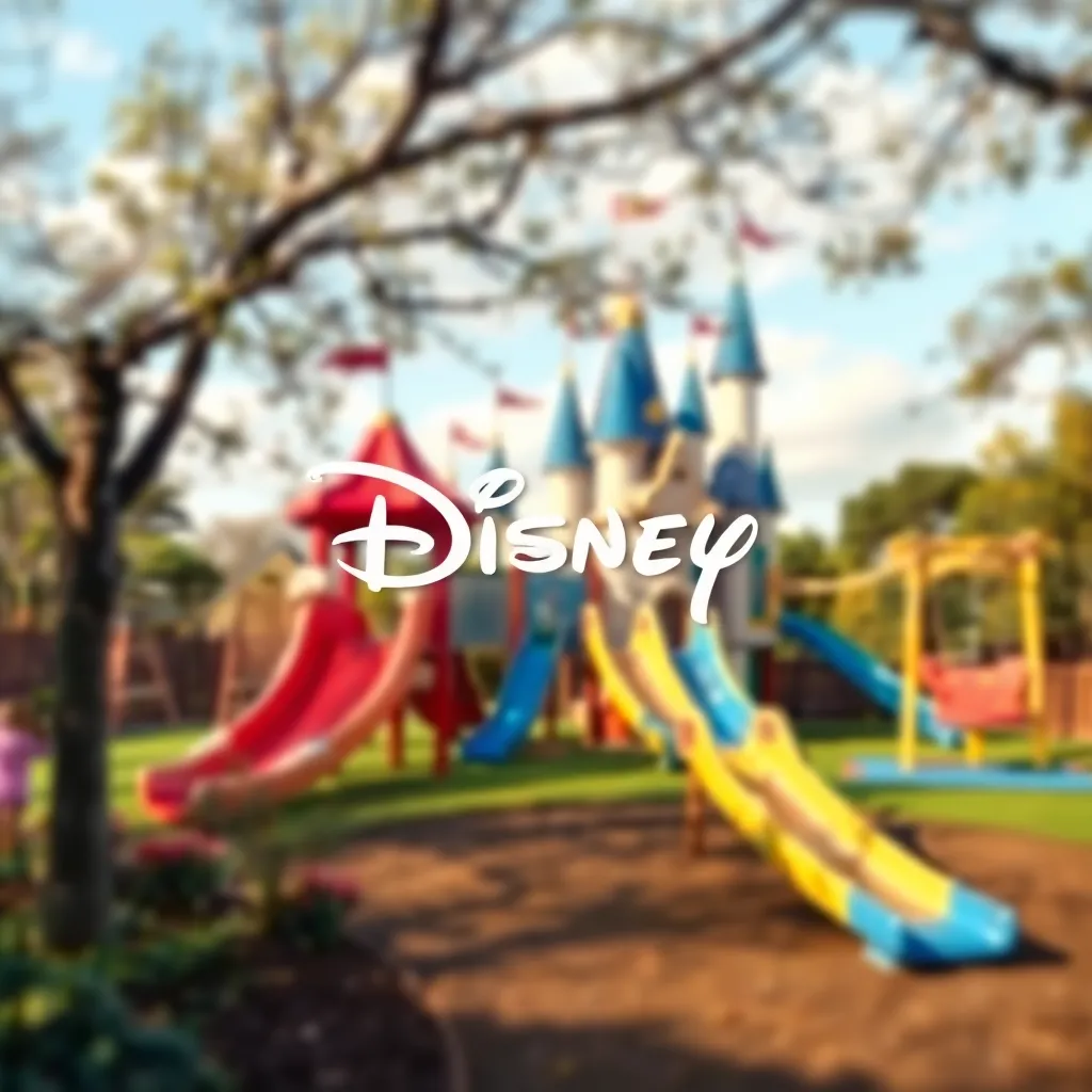 A realistic Disney-inspired children's playground background image, featuring whimsical playground equipment like slides, swings, and a small castle, with a magical and dreamy atmosphere, blurred to create a soft focus effect, no logos or text, suitable f