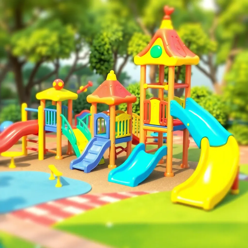 3D cartoon animated children's playground with colorful slides, swings, climbing frames, and playful structures, vibrant and cheerful atmosphere, blurred effect