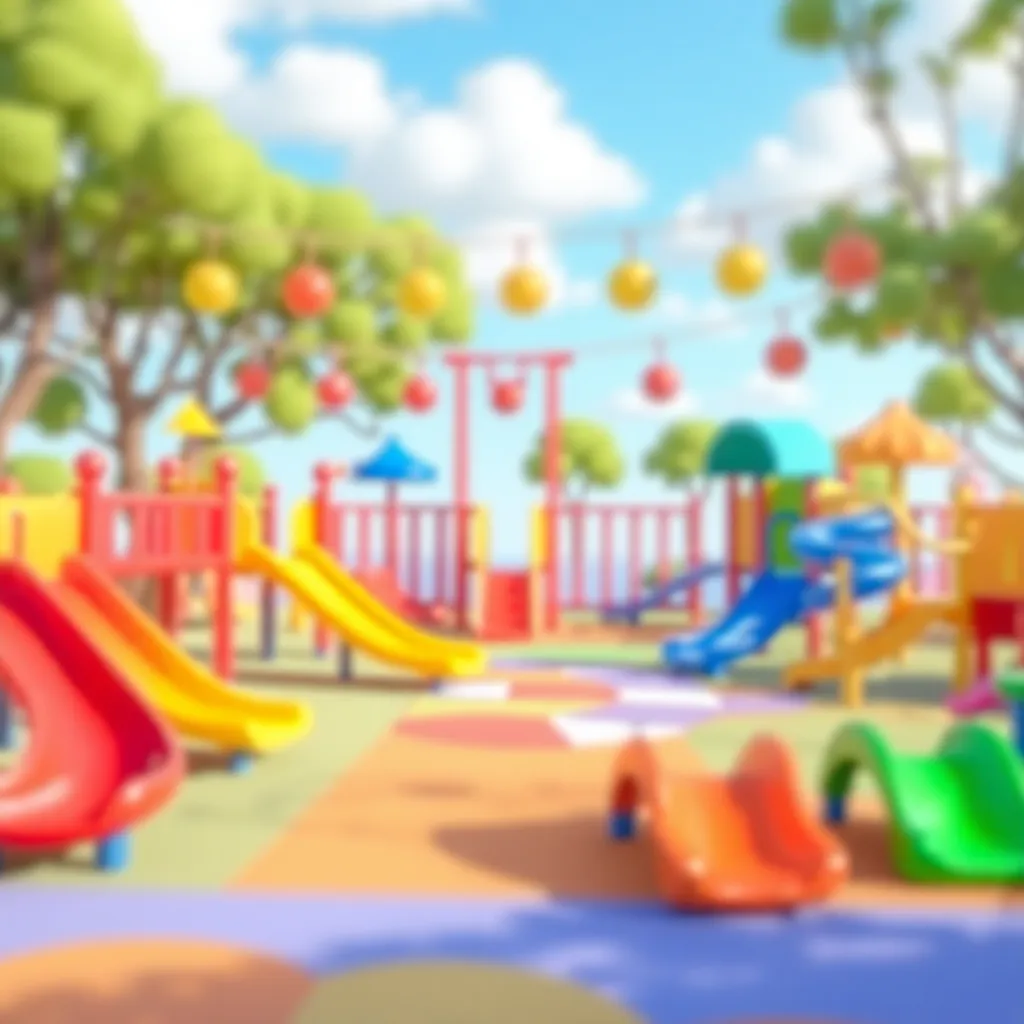 A fully blurred 3D cartoon animated children's playground with colorful slides, swings, climbing frames, and playful structures, creating a whimsical and vibrant atmosphere suitable for a YouTube channel background. No text or logos, just a soft dreamy bl