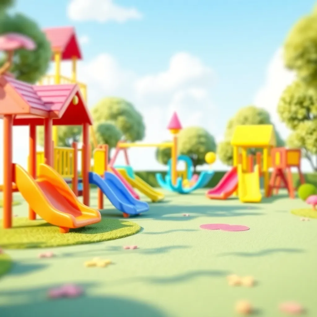 A high-quality, vibrant 3D cartoon animated children's playground with colorful slides, swings, climbing frames, and playful structures, all softly blurred to create a dreamy, subtle background effect suitable for a YouTube channel display, without any te