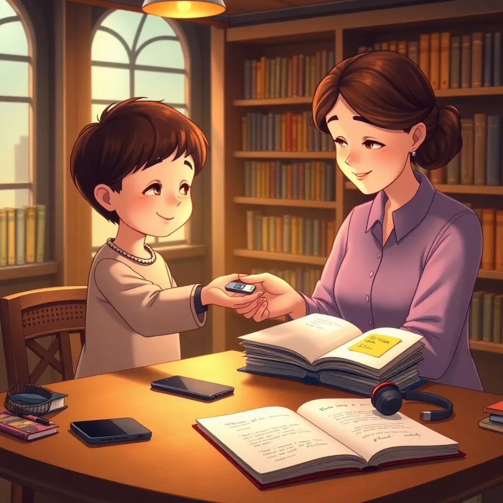 A richly colored animated fairy-tale style illustration of a child handing a USB drive to a gentle librarian in a cozy tactile library. The child smiles softly, and the librarian warmly holds the child's hand with gratitude. On the table are recording mat