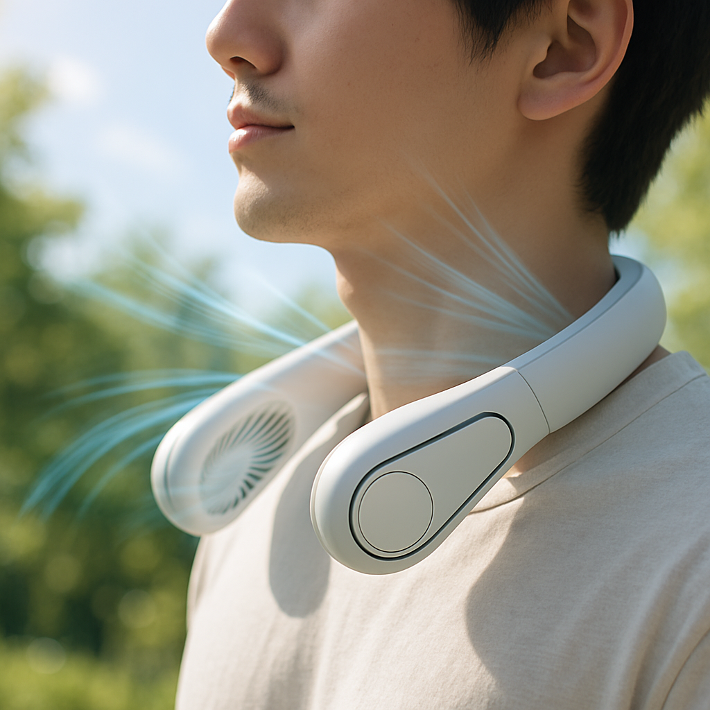 A modern, sleek neck fan in action, showing cool air gently blowing around a person's neck. The background is a bright, summery outdoor scene with sunshine and light greenery. Emphasize comfort and freedom, with a slightly futuristic, minimalist design. -