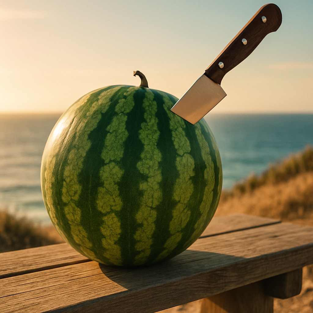 A large ripe watermelon sitting on a wooden bench on a seaside cliff, with a sharp kitchen knife halfway embedded into it as if just about to be sliced. The scene is viewed from a low angle, emphasizing the texture of the watermelon and the glint of the k