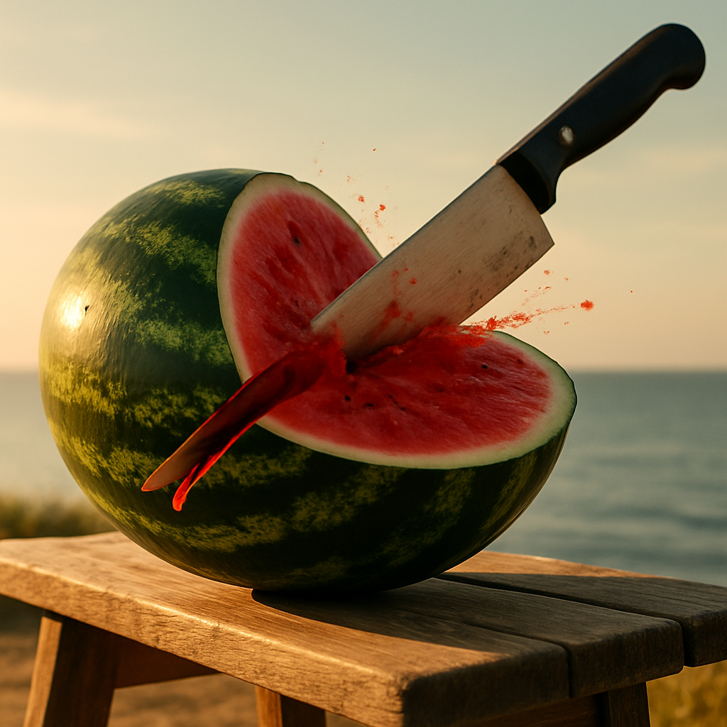 A large ripe watermelon placed on a wooden bench atop a seaside cliff, captured in the exact moment it is being sliced open by a sharp kitchen knife. The knife is cutting through the watermelon, with red flesh and juice bursting slightly from the split. T