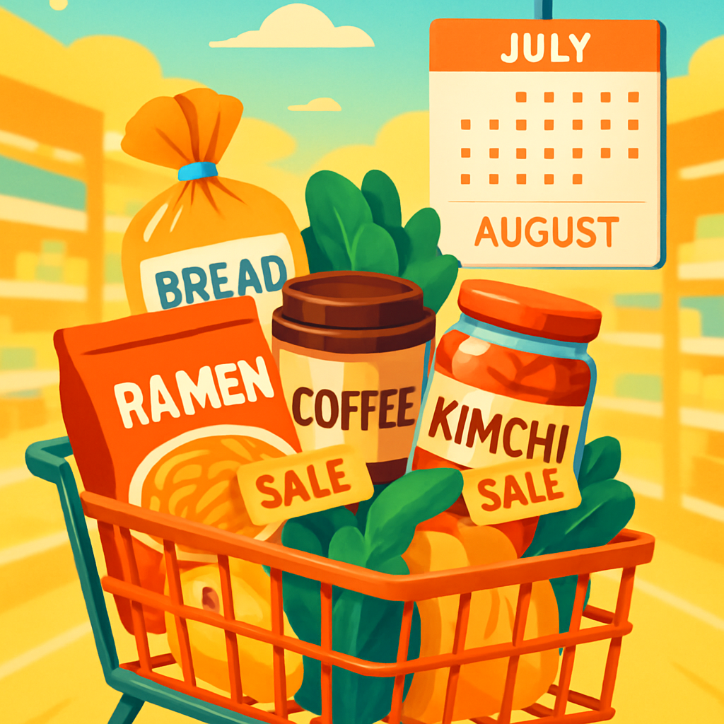 A vibrant and modern illustration of a grocery shopping cart overflowing with various discounted processed foods like ramen, bread, coffee, and kimchi, with bright summer colors. The background shows blurred outlines of supermarket aisles and a calendar i