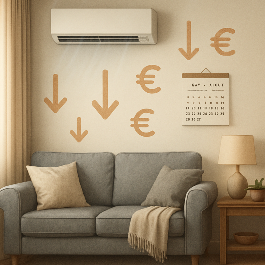 A cozy, modern living room with a cool-toned air conditioner running. A calendar shows July and August. Overlaid on the scene are subtle graphical elements representing electricity savings, like down arrows and small currency symbols, in a warm, muted col