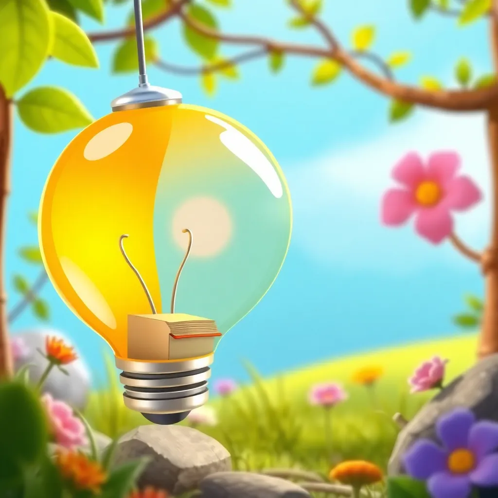 A 3D cartoon-style light bulb icon in a playful nature setting, with a tiny simple book inside the bulb symbolizing ideas and stories coming to life, designed in a Disney cartoonish style, bright and colorful, cheerful atmosphere