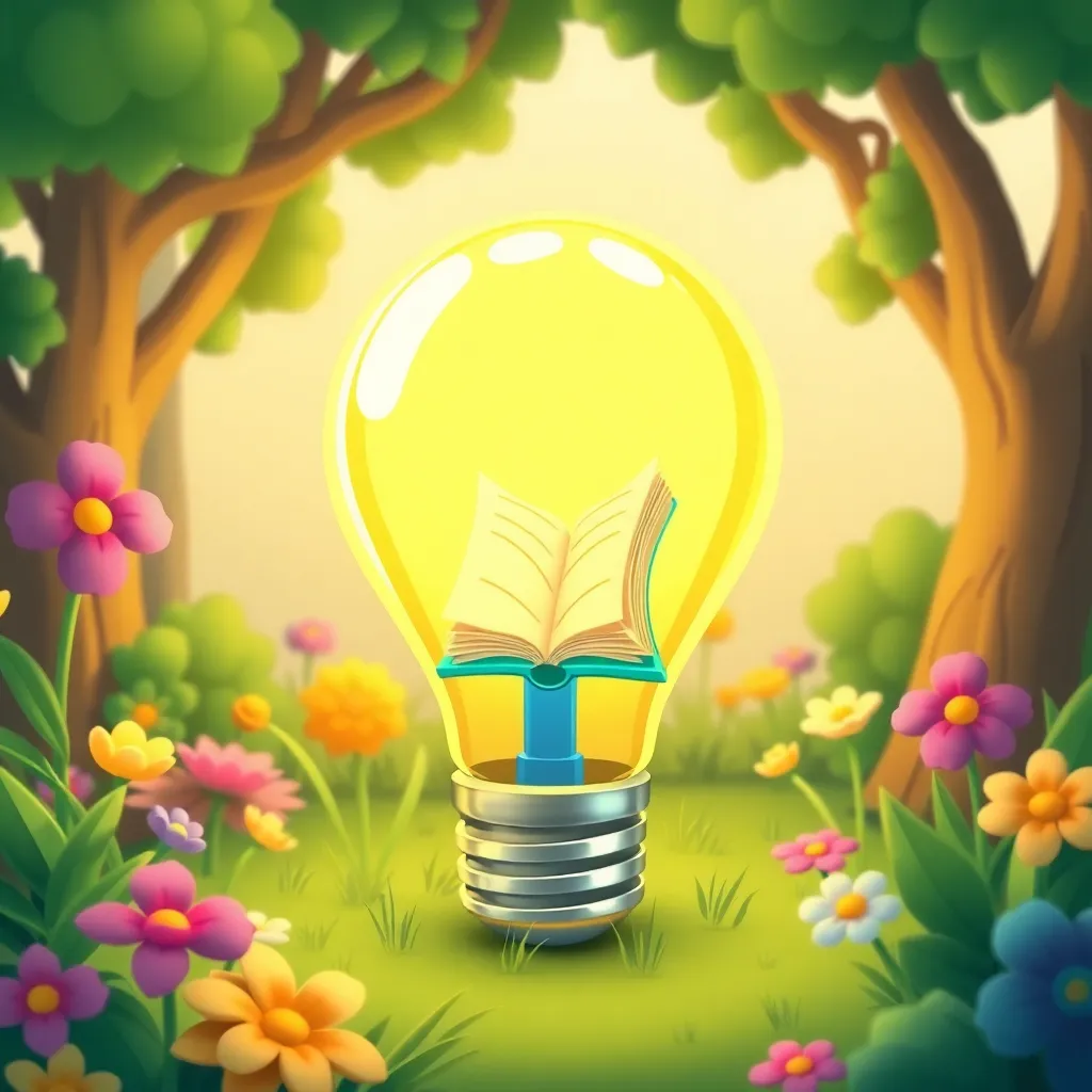 A 3D cartoon-style light bulb icon in a playful nature setting, inspired by Disney cartoons, with a tiny book prominently visible and centered inside the light bulb. The scene is colorful, whimsical, and bright, symbolizing ideas and stories coming to lif