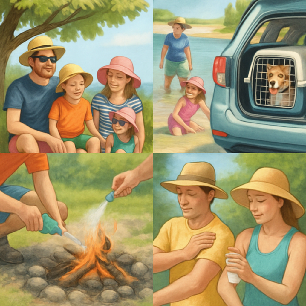 A vibrant, summery illustration showing various elements of summer vacation safety: a family wearing hats and sunglasses under a shaded tree, kids safely playing in a shallow, clear water with an adult nearby, a car with a pet-safe carrier, a campfire bei