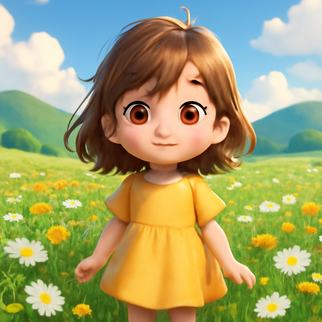 A sunny green meadow full of flowers, soft hills in the distance, cute 3D cartoon style, Pixar-like
