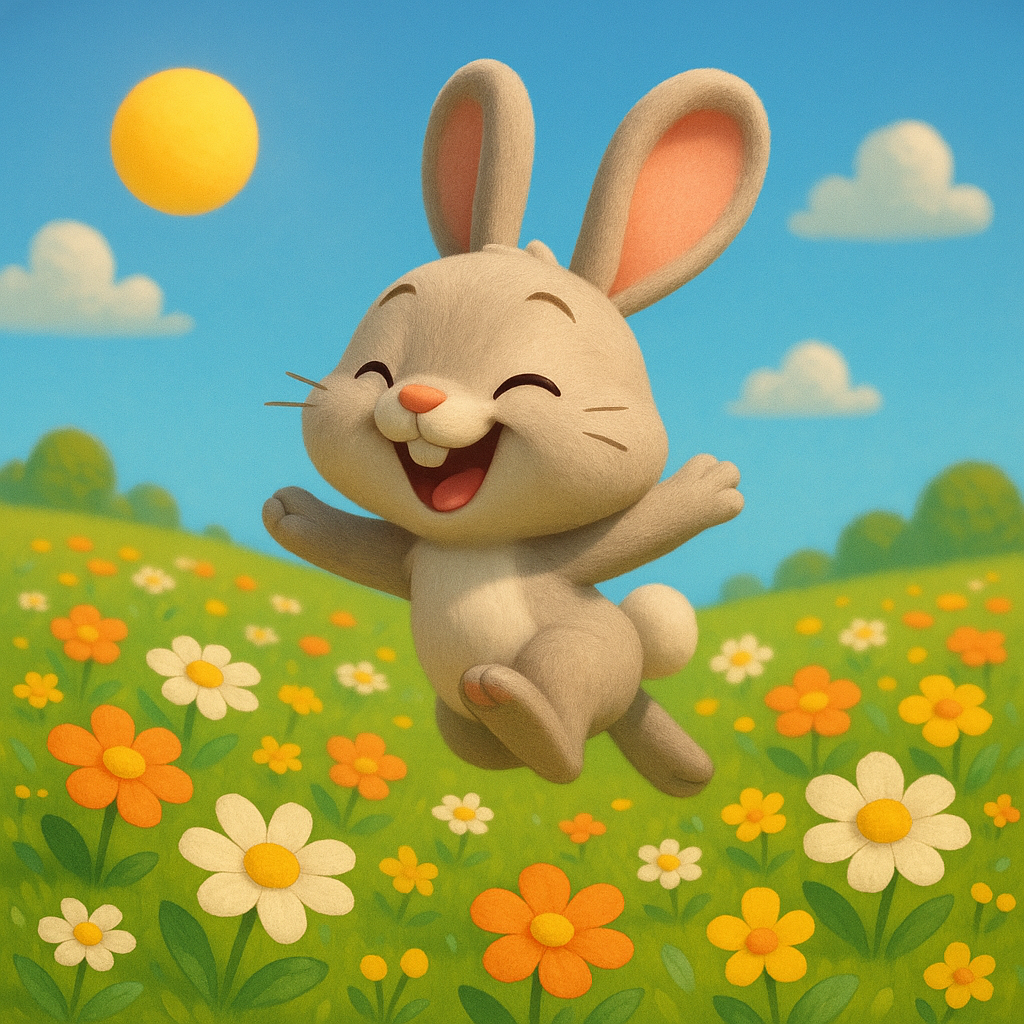 A cute 3D cartoon bunny jumping happily through a flower field, sunny sky, Pixar-like style