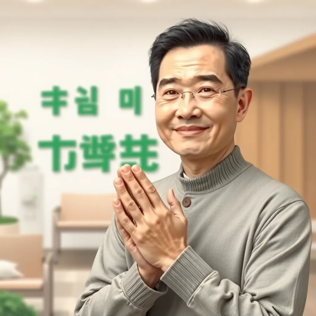 정신요양시설 배경, 차분하고 예술적인 분위기, 배경에 '정신요양시설 상록원' 한글 문구 포함, 온화한 표정의 남자 1명이 두 손을 공손히 잡고 있는 모습, 예술적 스타일