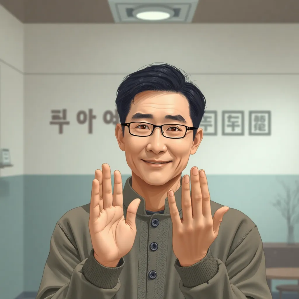 예술적 스타일, 차분한 정신요양시설 배경, 배경에 한국어 문구 '정신요양시설 상록원' 포함, 온화한 표정의 남자 1명, 두 손을 공손히 잡고 있는 모습, 얼굴이 명확하게 보임