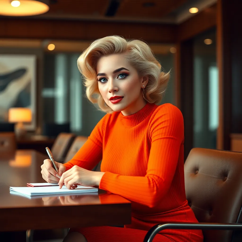 Confident movie star Marilyn Monroe's figure, Korean female CEO of westernized glamour in her 20s, sitting at a conference room table taking notes, fitting orange knit dresses, modern office interiors, sophisticated wooden desks, professional and calm exp