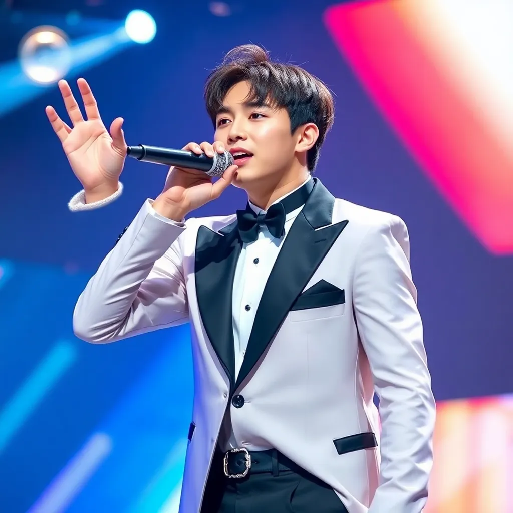 젊고 세련된 스타일의 의상을 입고 무대 위에서 열정적으로 노래하는 한국 K-pop 남자 가수