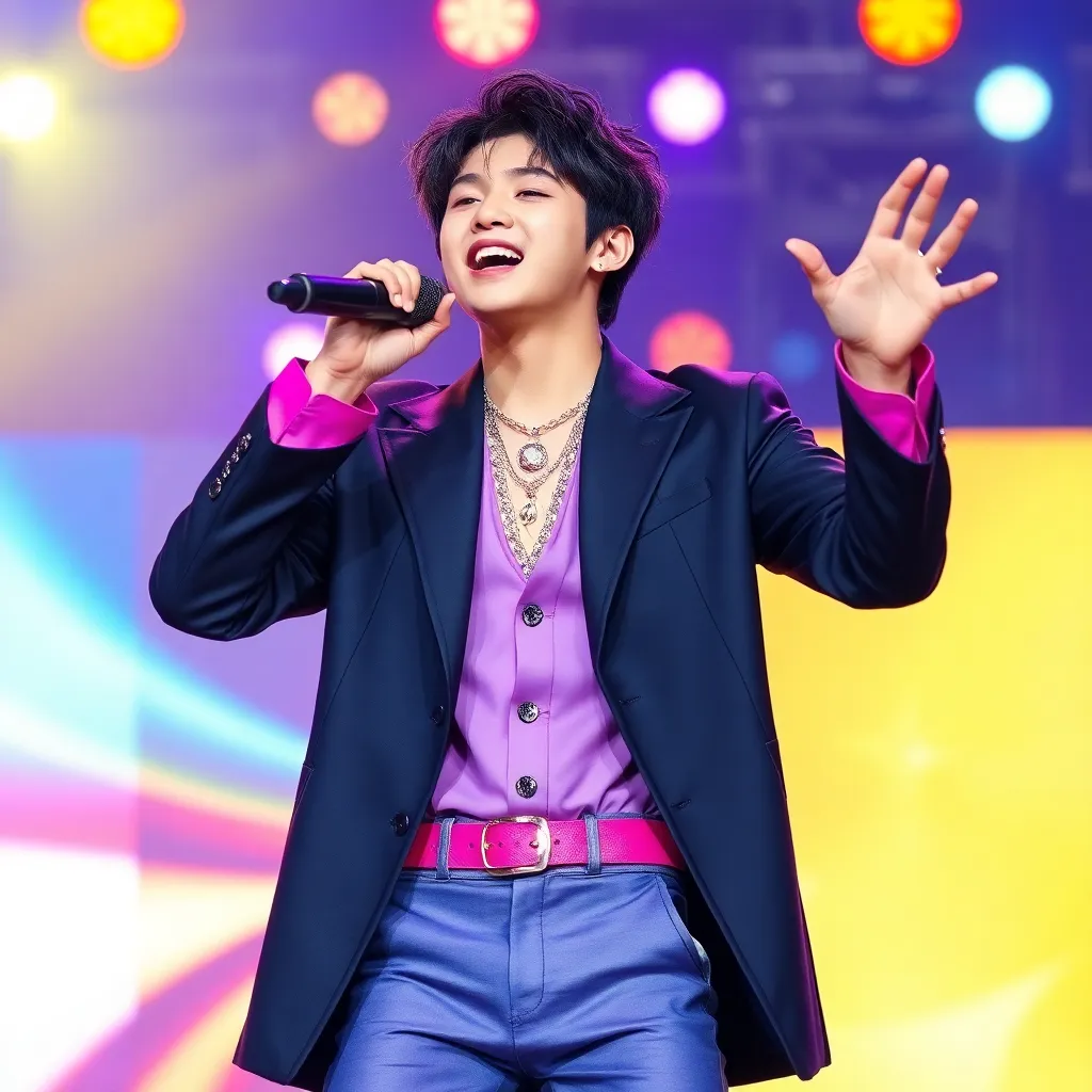 한국의 K-pop 젊은 남자 가수가 세련된 스타일의 의상을 입고 무대 위에서 열정적으로 노래하는 모습, 강렬한 표정과 에너지 넘치는 포즈, 화려한 조명과 무대 배경
