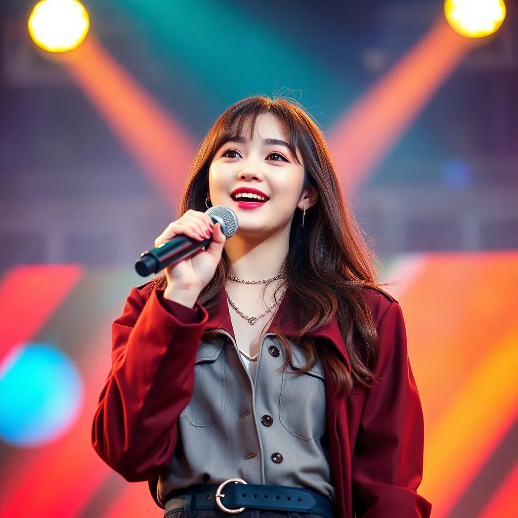 젊고 트렌디한 패션을 입고 무대 위에서 열정적으로 노래하는 한국의 K-pop 여자 가수, 사진 형태, 세련되고 생동감 넘치는 모습, 화려한 무대 조명과 배경