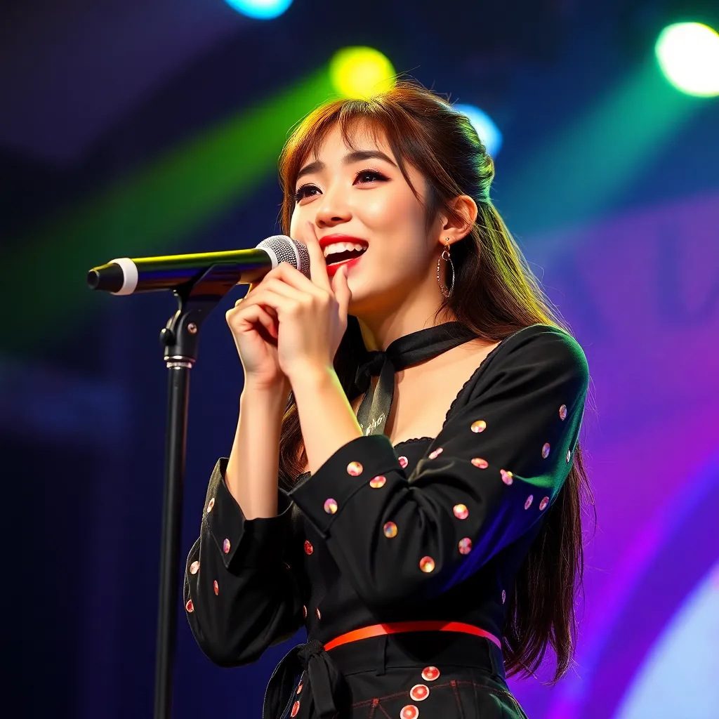 한국의 K-pop 젊고 예쁜 여자 가수가 무대의 마이크 앞에서 열정적으로 노래하는 모습, 트렌디한 무대 의상, 화려한 조명 아래, 현실적인 사진 스타일