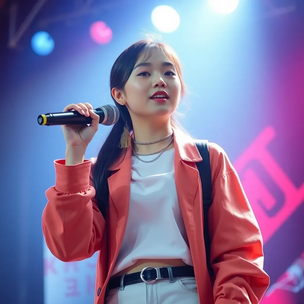 한국의 젊고 예쁜 K-pop 여자 가수가 트렌디한 옷을 입고 무대의 마이크 앞에서 열정적으로 노래하는 모습, 현실적인 사진 스타일