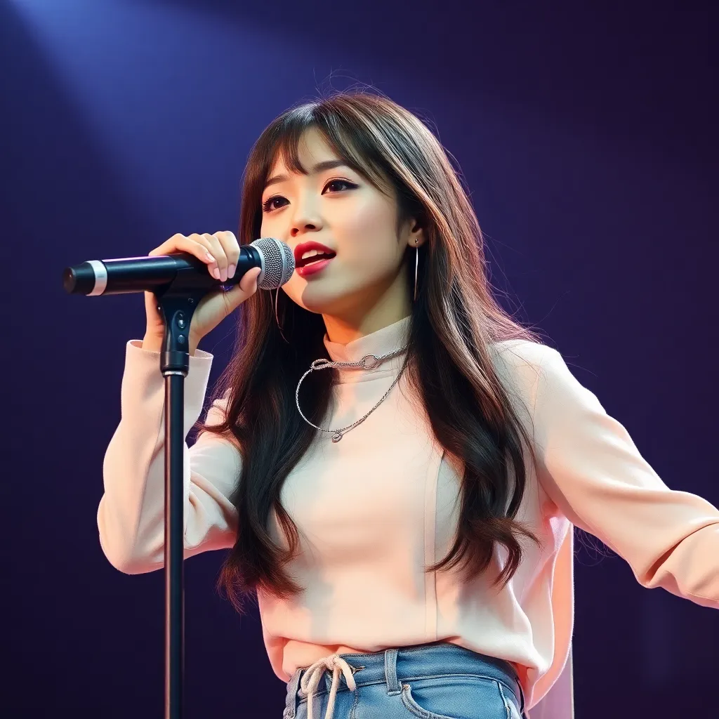 한국의 젊고 예쁜 K-pop 여자 가수가 무대의 마이크대 앞에서 트렌디한 옷을 입고 열정적으로 노래하는 모습, 현실적인 사진 스타일