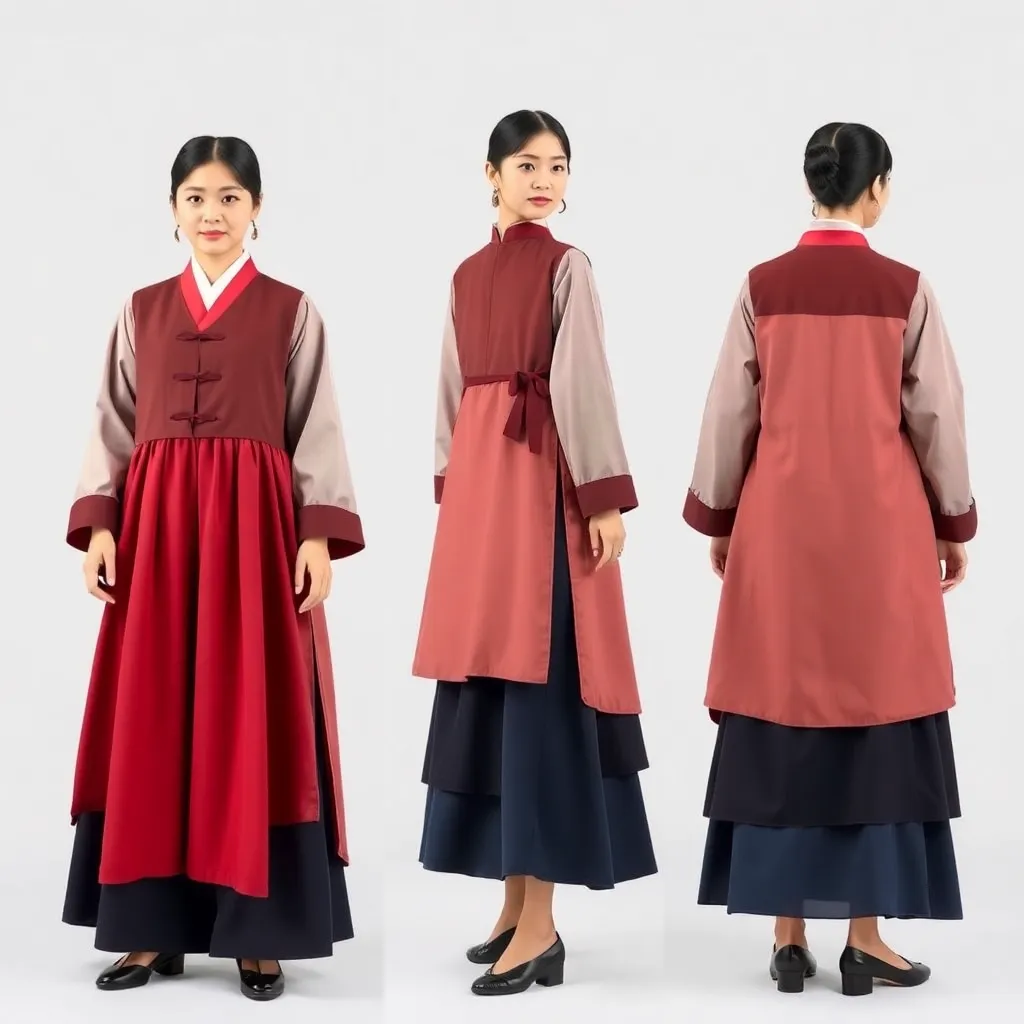 한국 정통 한복 저고리 스타일 상의와 하이로우 3겹 레이어드 하의, 왼쪽은 정면 전체 롱샷, 중앙은 옆모습 전체 롱샷, 오른쪽은 뒷모습 전체 롱샷, 리얼리스틱 스타일, 한국 전통 의상 디테일 강조, 현대적이면서도 전통미가 살아있는 디자인
