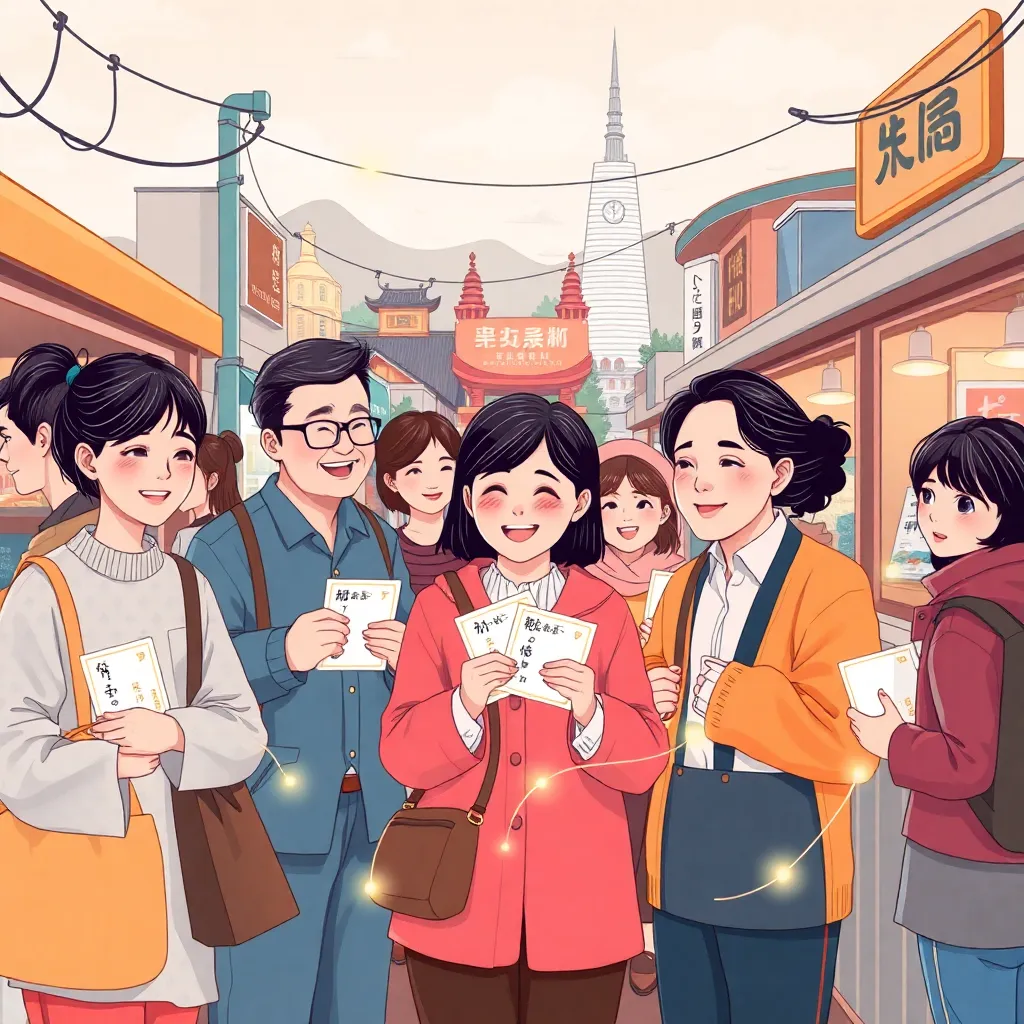 A vibrant and hopeful illustration of Gwangju citizens, diverse in age and background, happily using their 'Gwangju Living Recovery Consumption Coupons' in various local small businesses like traditional markets, cafes, and small shops. The atmosphere sho