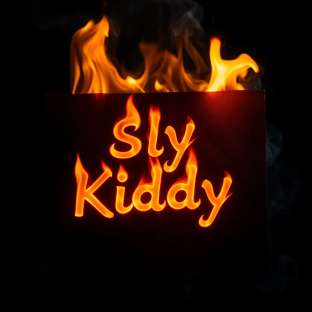 A black paper burning with realistic flames, and the name "Sly Kiddy" written in fiery, glowing flames on the paper itself, with smoke and glowing edges, dramatic and intense atmosphere.