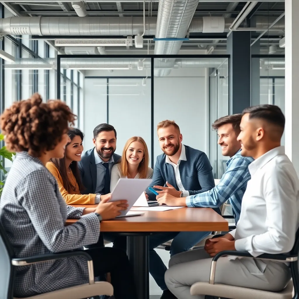 A dynamic and professional team working together in a modern office environment, diverse people collaborating with enthusiasm, bright and energetic atmosphere
