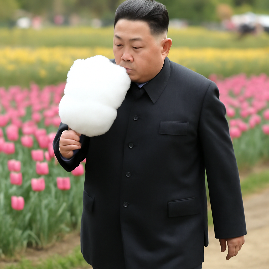 천일홍축제 나리농원에 북한 김정은 수령이 솜사탕을 먹으며 걸어가고 있는 모습