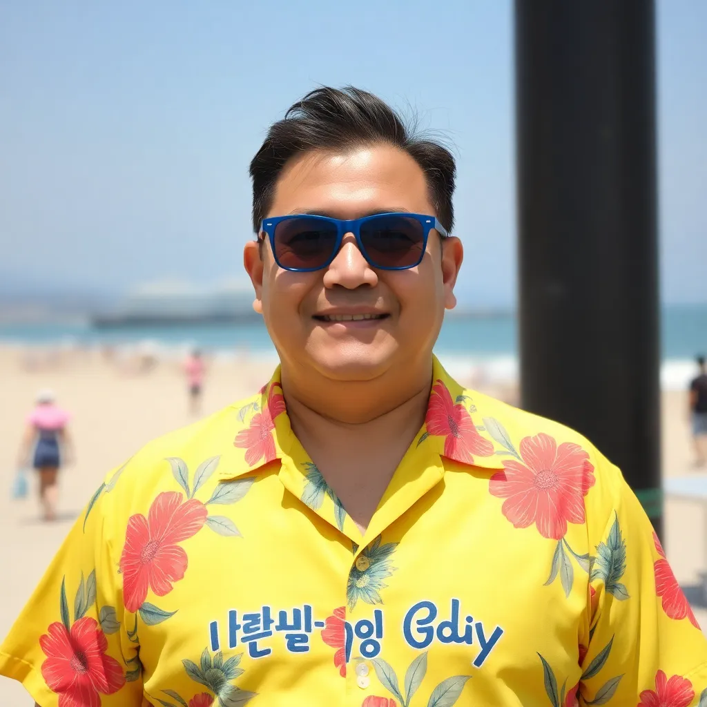 40대 한국 남자, 얼굴은 조금 갸름하고 약간 통통하지만 잘생긴 모습, 최신 투블럭 헤어스타일, 파랑색 선글라스 착용, 밝은 하와이안 셔츠 입고 셔츠 중앙에 한글로 '청담지디' 글자가 적혀 있음, 웃는 표정, 배경은 해운대 해변 풍경