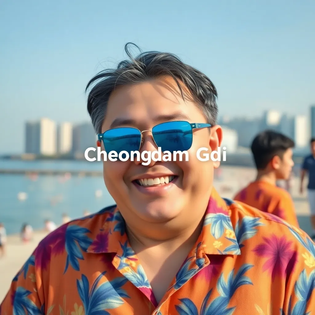 40대 초반의 한국 남자, 얼굴은 약간 통통하지만 잘생겼고, 최신 유행하는 투블럭 헤어스타일, 파랑색 선글라스 착용, 밝게 웃고 있음, 밝은 하와이안 셔츠 착용, 배경은 해운대, 이미지 가운데에 한글로 '청담지디' 글자 삽입