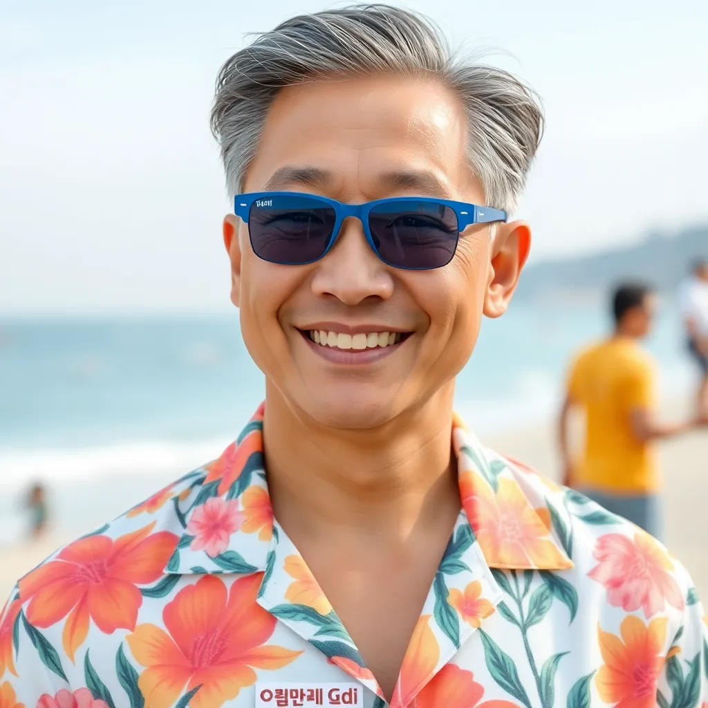 40대 한국 남자, 얼굴은 조금 갸름하고 약간 통통하지만 잘생긴 모습, 파랑색 선글라스 착용, 밝게 웃는 표정, 최신 투블럭 헤어스타일, 밝은 하와이안 셔츠 착용, 셔츠 중앙에 한글로 '청담지디' 글자가 삽입됨, 배경은 해운대 해변