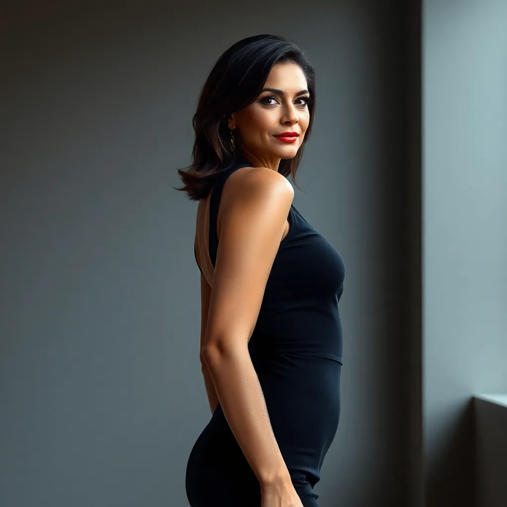 A full-body portrait of a glamorous, slim woman in her 40s (45 years old) with an hourglass figure (narrow waist, curvy hips and bust), elegant posture, flawless skin texture with visible pores, medium-length styled hair, wearing a form-fitting stylish dr