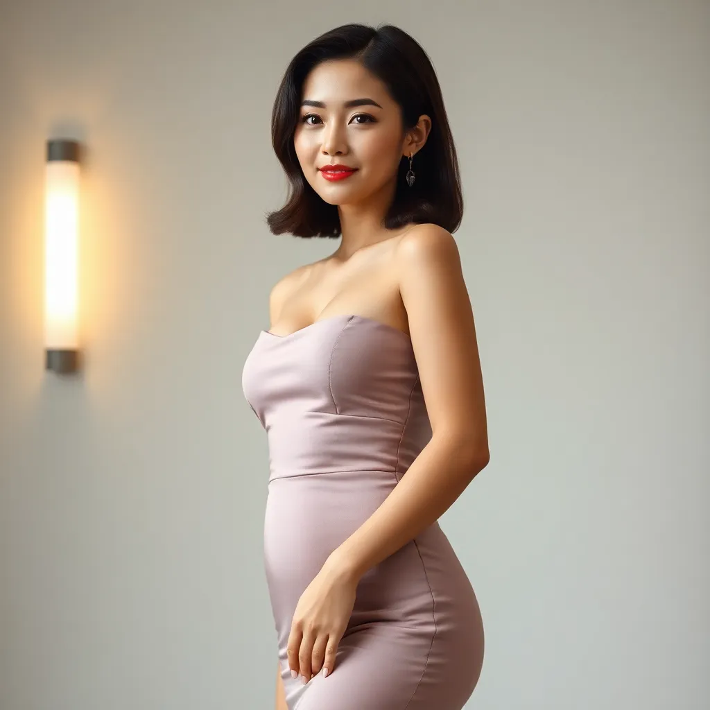 A full-body portrait of a glamorous, slim Korean woman in her 40s (45 years old) with an hourglass figure (narrow waist, curvy hips and bust), elegant posture, flawless skin texture with visible pores, medium-length styled hair, wearing a form-fitting sty