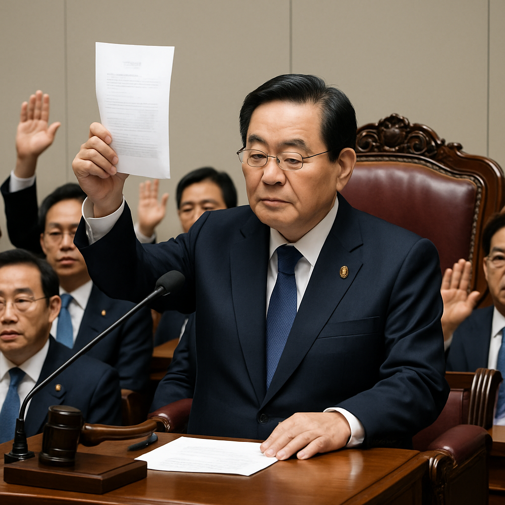 우원식  국회의장이 의장석에서  의사봉으로 국회의원들과  계엄선포 해제안 가결시키는 모습