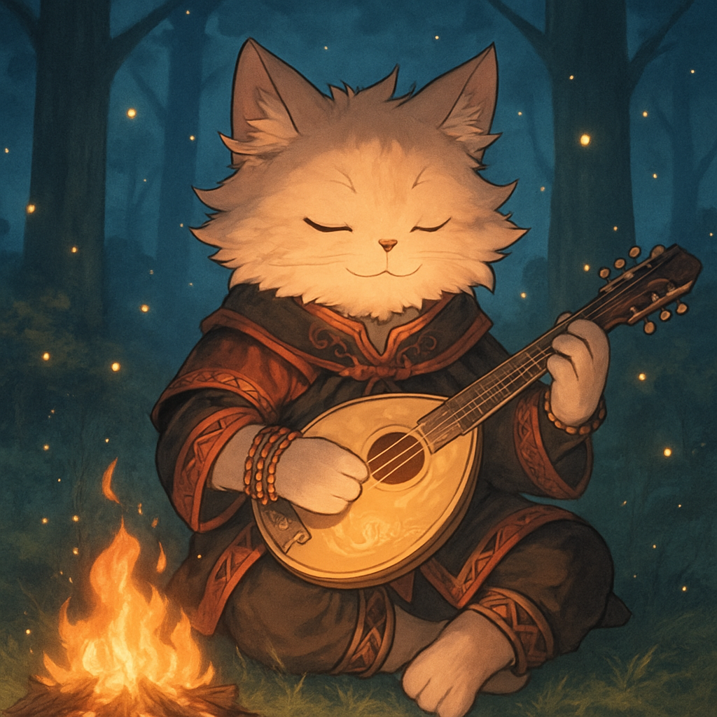 An anthropomorphic cat with fluffy fur and closed eyes, playing a mandolin while sitting next to a small campfire in a forest filled with trees and glowing lights. The cat is wearing a red and black outfit with intricate patterns and multiple beaded brace