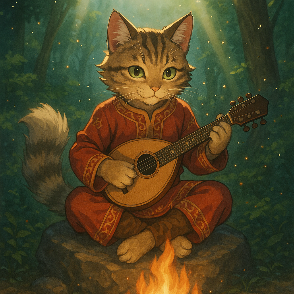 An anime-style illustration of a tabby cat with a fluffy tail sitting cross-legged on a rock next to a brightly lit campfire in a forest, playing a mandolin. The cat is wearing a red outfit with intricate gold patterns and has green eyes. Soft light strea
