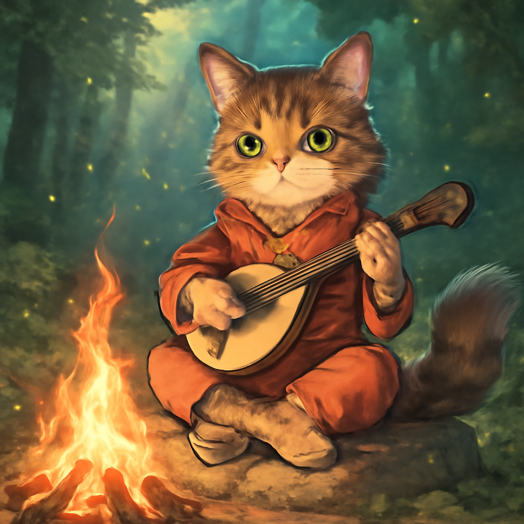 An anime-style illustration of a tabby cat with a fluffy tail sitting cross-legged on a rock next to a brightly lit campfire in a forest, playing a mandolin. The cat is wearing a red outfit with intricate gold patterns and has green eyes. Soft light strea