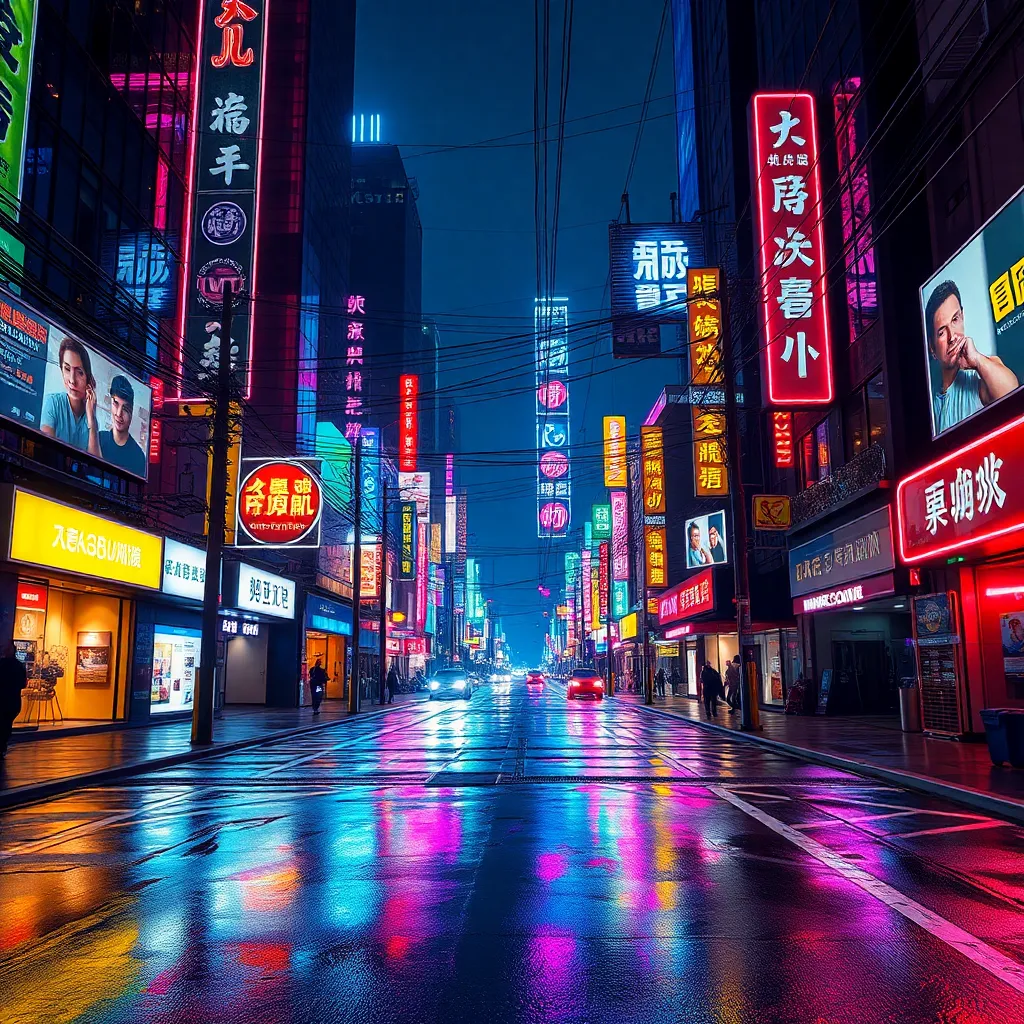 사이버펑크 도시의 밤 풍경, 젖은 거리 위에 다채로운 네온사인이 선명하게 반사되고, 미래적인 고층 빌딩과 복잡한 전선, 홀로그램 광고가 가득한 배경, 어두운 밤 공기 속에서 빛나는 다양한 색상의 네온 빛, 도시의 활기와 신비로운 분위기가 공존하는 장면