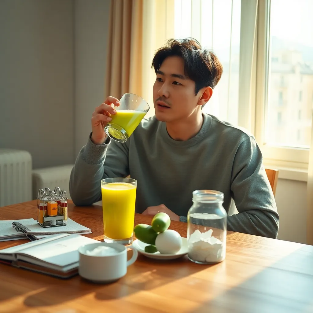 한국 가수 임영웅을 닮은 남자가 아침 식탁에서 여주 주스를 마시고 있다. 옆에는 일일 플래너, 약 정리함, 과일 한 그릇이 놓여 있다. 부드러운 아침 햇살이 창문을 통해 들어와 따뜻한 그림자를 드리우는 아늑하고 건강한 라이프스타일 사진 스타일의 사실적인 이미지.