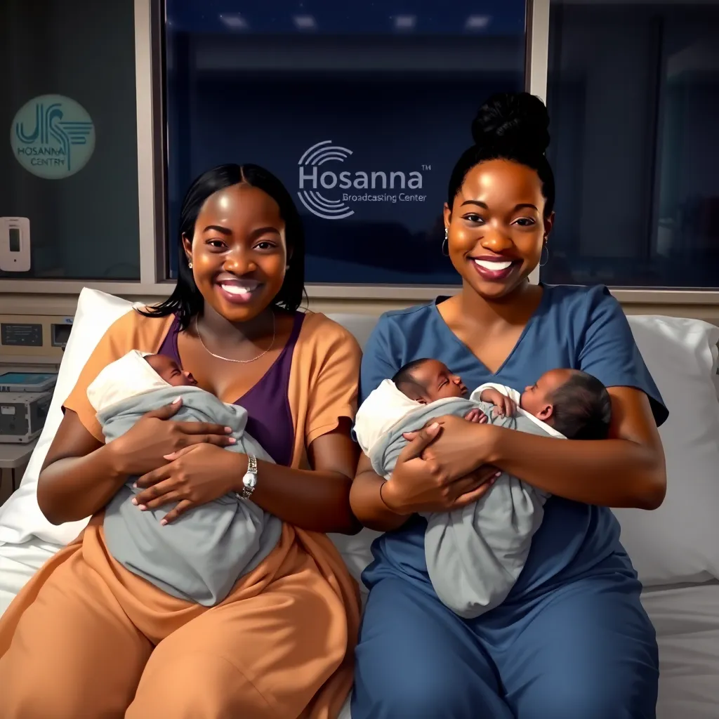 Two employees of Hosanna Broadcasting Center in Kenya each giving birth to a baby boy on the same night, in a hospital room, realistic style, warm and joyful atmosphere, the employees holding their newborn sons wrapped in cozy blankets, background include