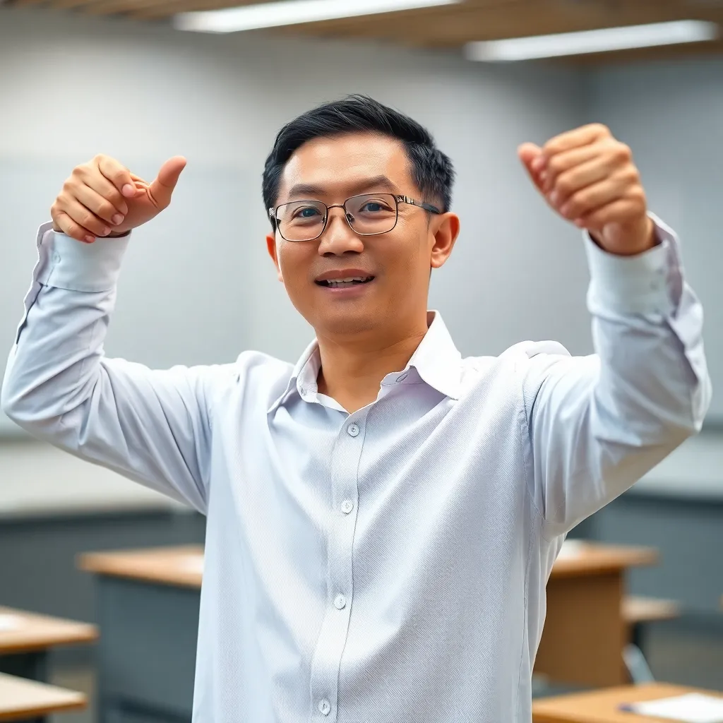 A handsome Asian man in his 40s wearing metal-rimmed glasses, resembling actor Tom Krz, teaching with confidence in a white shirt with his arms rolled up, in a classroom setting