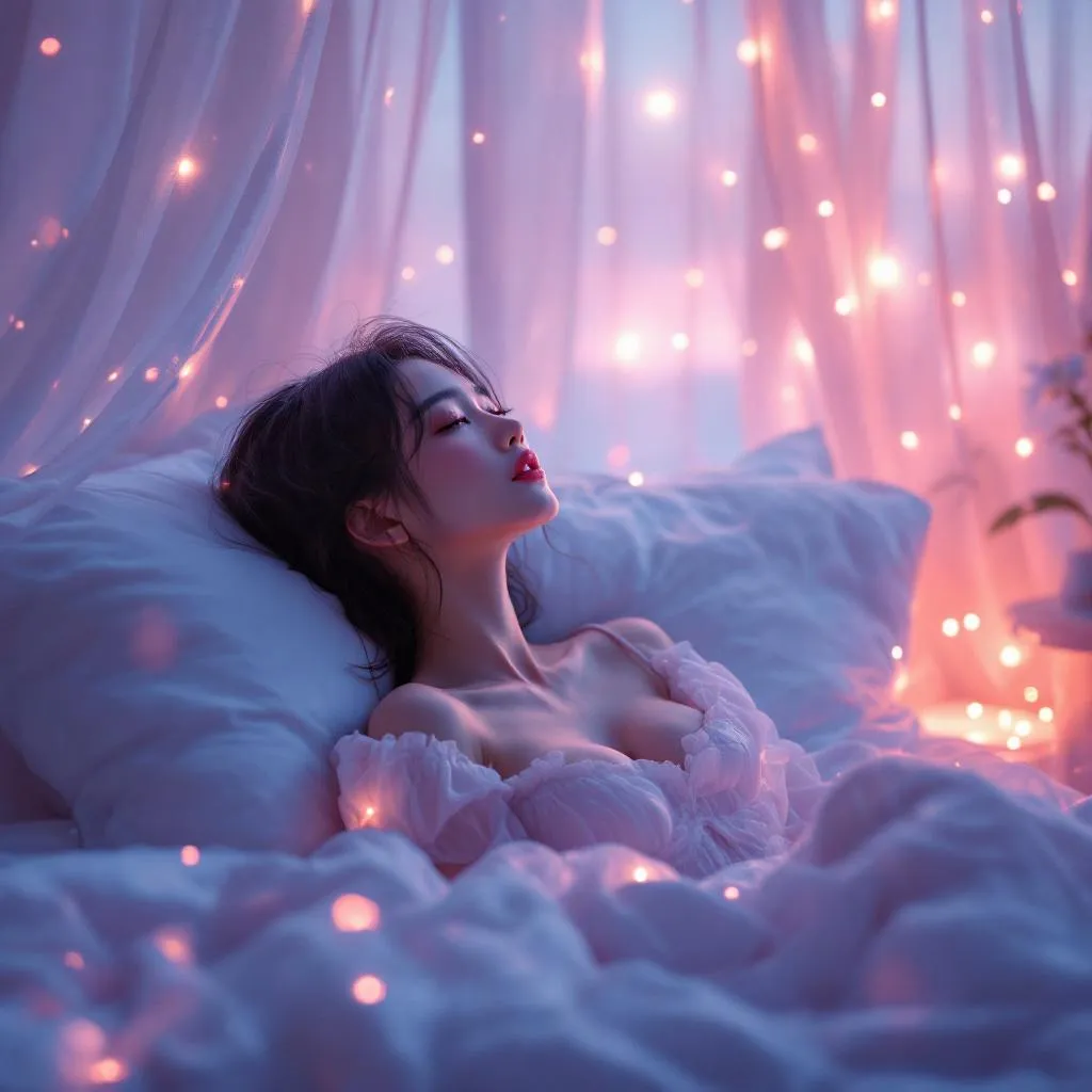 A dreamy fantastic  asia girl  under soft moonlight, pastel colors, sparkles in the air,seductive  dress, cozy bedroom vibe,  Ultra Realistic, emotional and relaxing atmosphere stable diffusion, 4K
