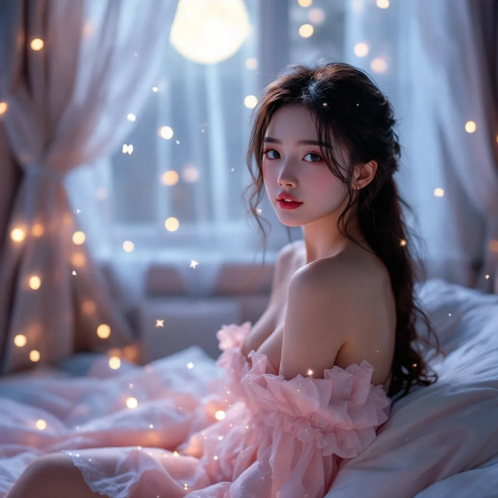 A dreamy fantastic  asia girl  under soft moonlight, pastel colors, sparkles in the air,seductive  dress, cozy bedroom vibe,  Ultra Realistic, emotional and relaxing atmosphere stable diffusion, 4K