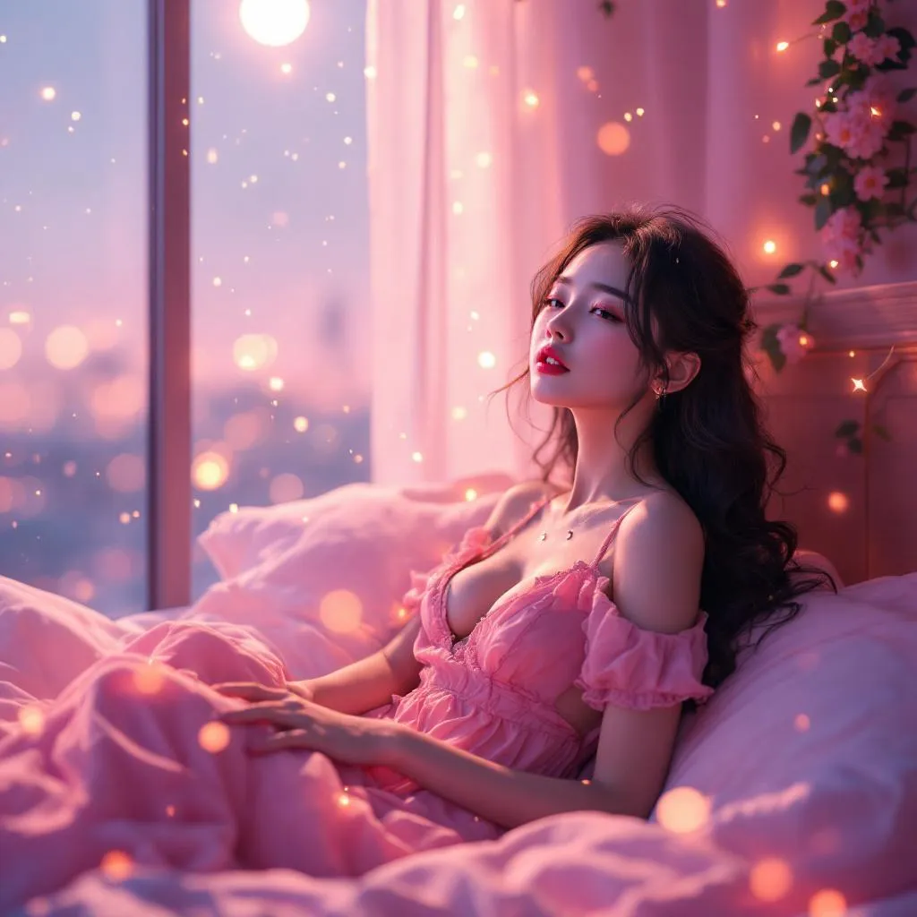 A dreamy fantastic  asia girl  under soft moonlight, pastel colors, sparkles in the air,seductive  dress, cozy bedroom vibe,  Ultra Realistic, emotional and relaxing atmosphere stable diffusion, 4K