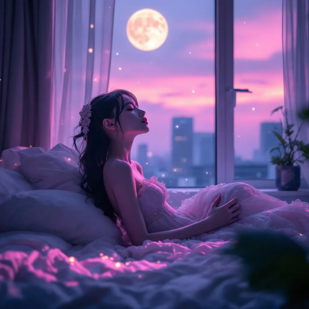 A dreamy fantastic  asia girl  under soft moonlight, pastel colors, sparkles in the air,seductive  dress, cozy bedroom vibe,  Ultra Realistic, emotional and relaxing atmosphere stable diffusion, 4K