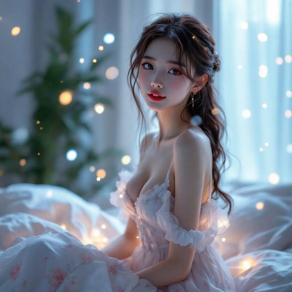 A dreamy fantastic  asia girl  under soft moonlight, pastel colors, sparkles in the air,seductive  dress, cozy bedroom vibe,  Ultra Realistic, emotional and relaxing atmosphere stable diffusion, 4K